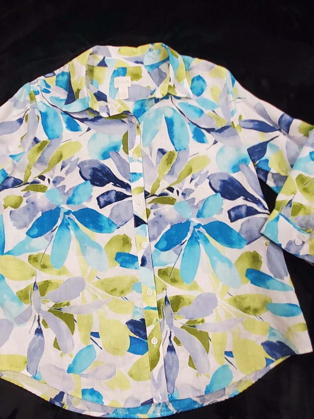 Chico's 100% Linen Floral Button-Front Shirt | Size 1 (Medium) | Blue Green - Picture 9 of 9